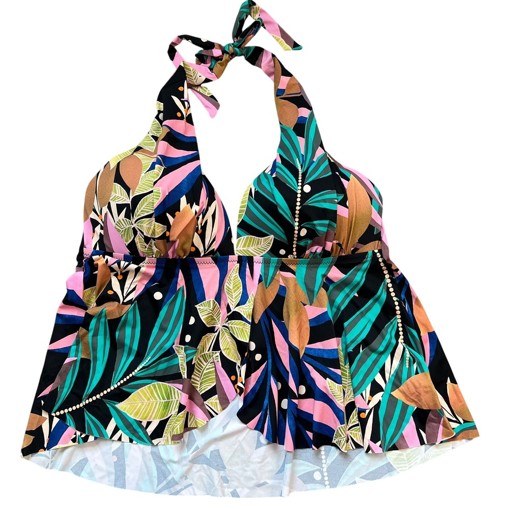 Amavi Tankini Top Womens Large Multicolor Tropical Leaf Halter Padded Flowy NEW